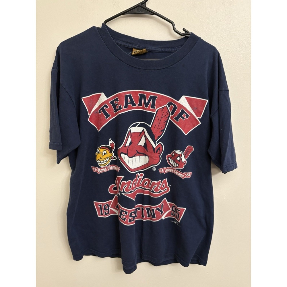 VTG 1995 Cleveland Indians Team Of Destiny T-Shirt Nutmeg Mills Navy Blue Large